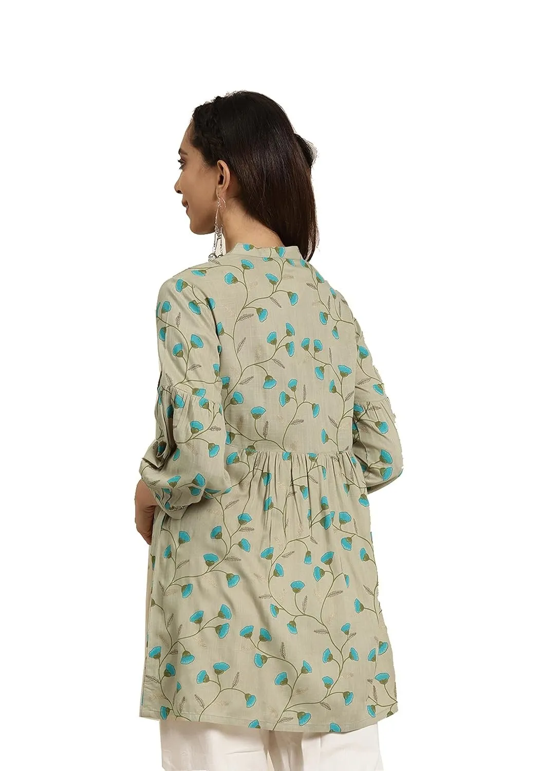 Elegant Women's Rayon Floral Printed Short Kurta - Waist Length, Mandarin Neck
