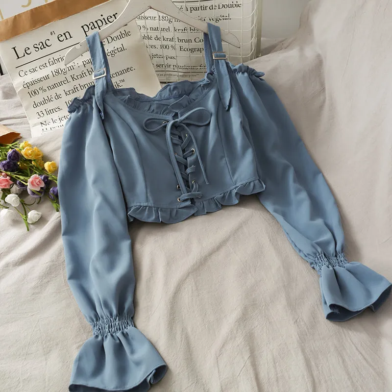 French Bandage Off Shoulder Ruffle Top Female Elegant Long Sleeve Shirt Y2k